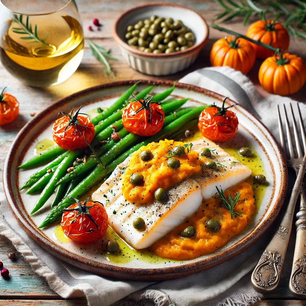 Filetti di Merluzzo alla Crema di Zucca e Capperi con Asparagi e Pomodori al Forno - Sua Maestà Sicilia
