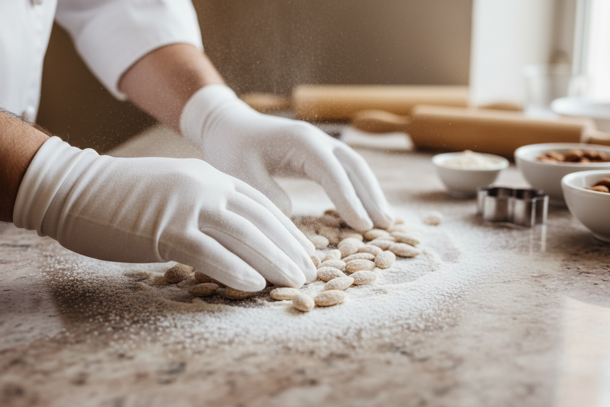 dettaglio di mani con guanti che lavorano su un banco di pasticceria con mandorle, zucchero a velo