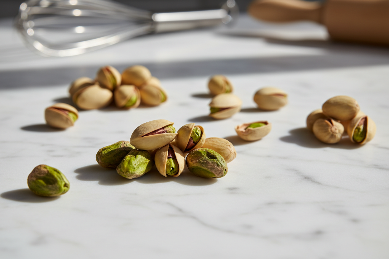 scatto ravvicinato di pistacchi siciliani su un banco di pasticceria in marmo bianco