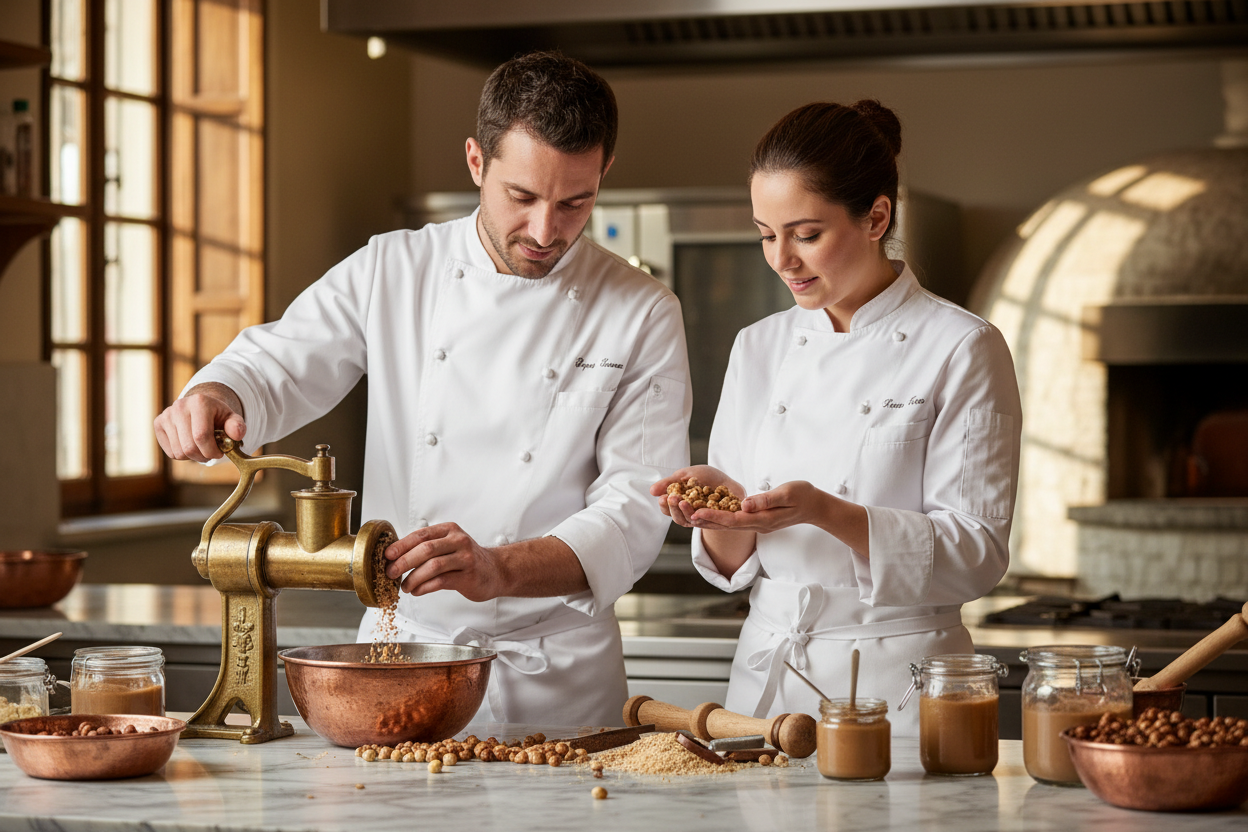 una coppia di pasticceri ben vestiti che lavorano la nocciola