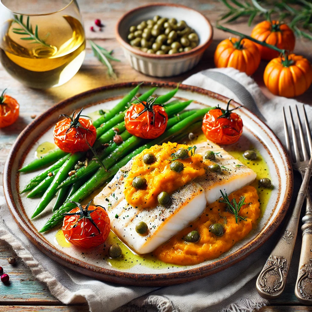 Filetti di Merluzzo alla Crema di Zucca e Capperi con Asparagi e Pomodori al Forno