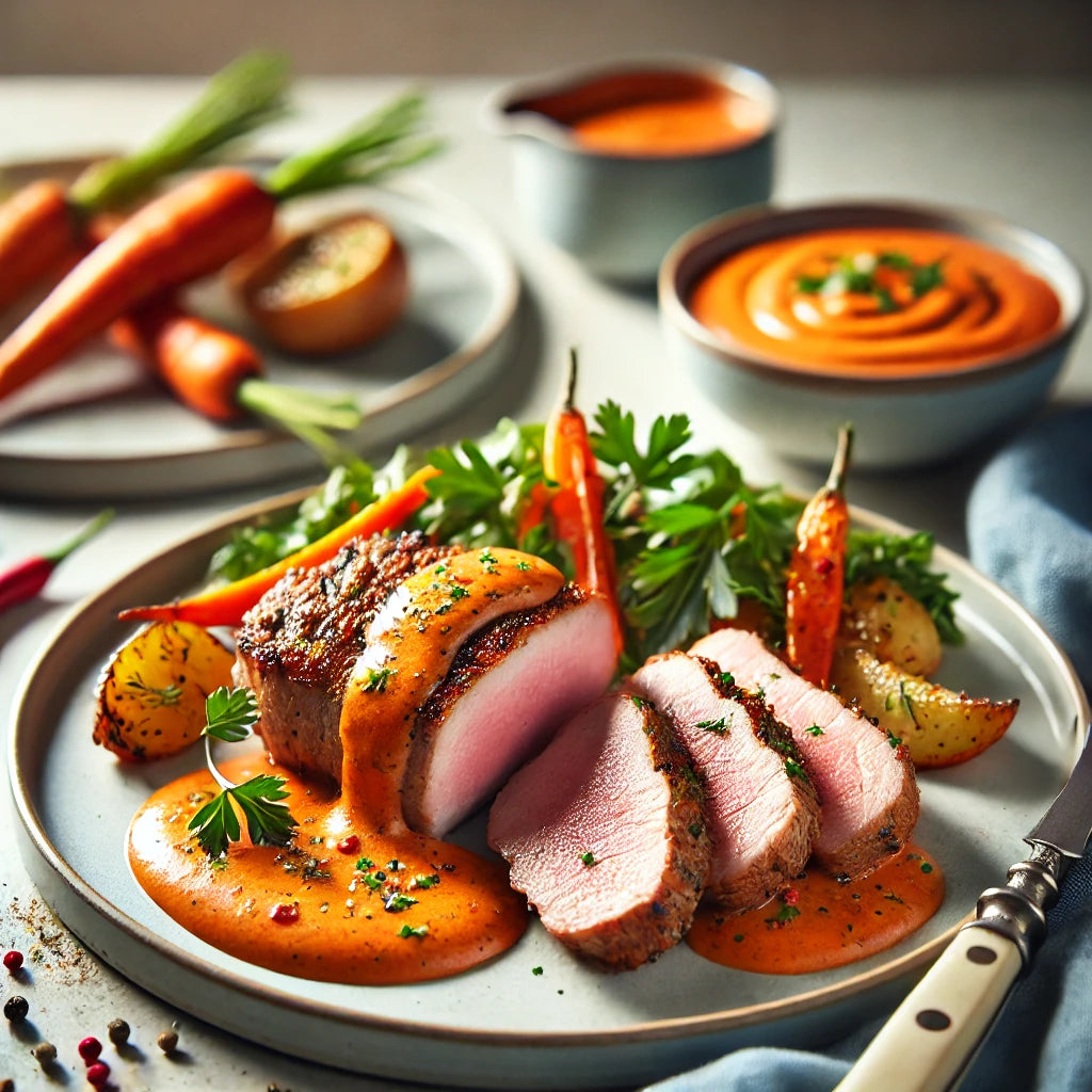 Filetto di Maiale alla Crema di Peperoncino con Carote e Patate al Forno