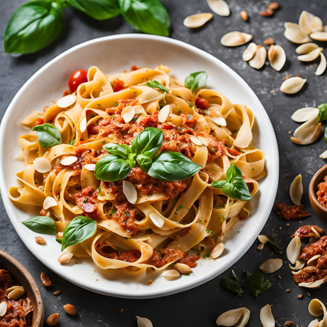 Tagliatelle al Pesto di Mandorle e Basilico