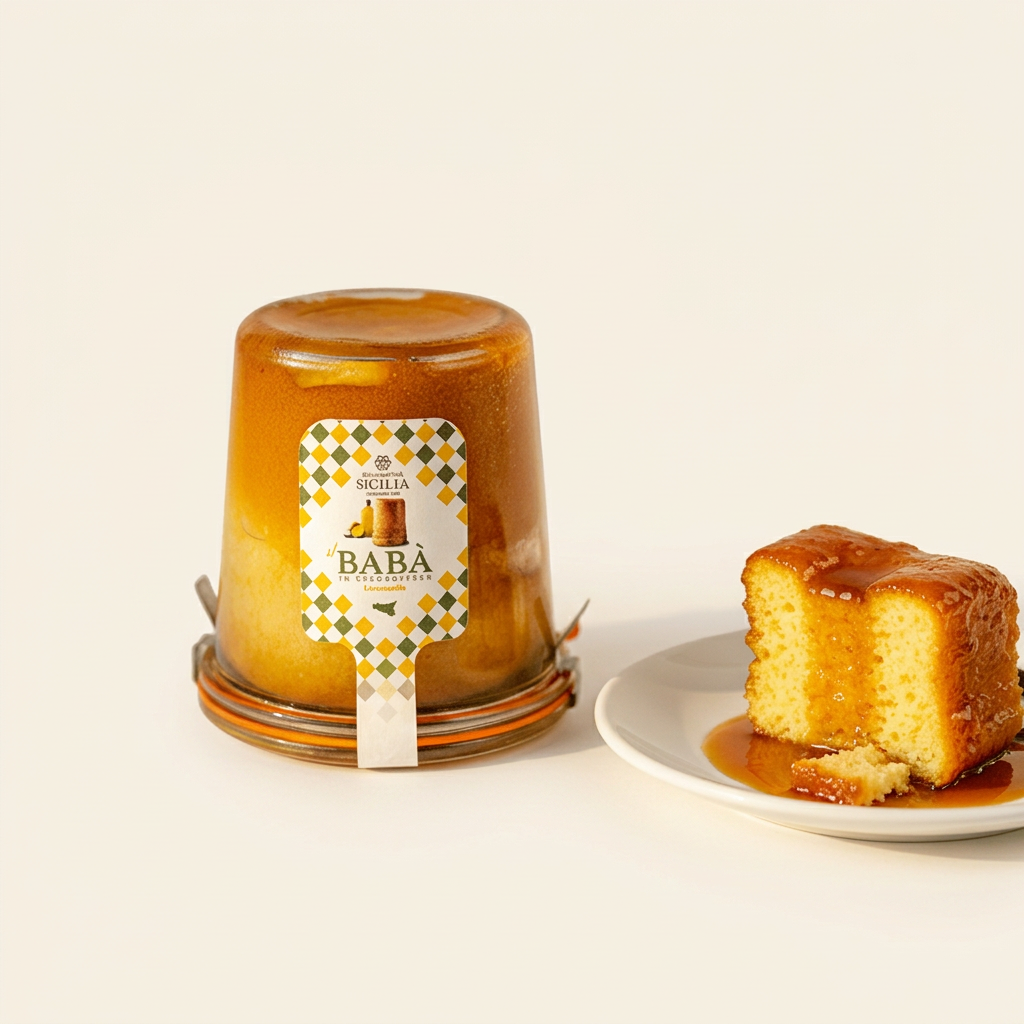 Babà Limoncello, dolce e vasetto su fondo crema