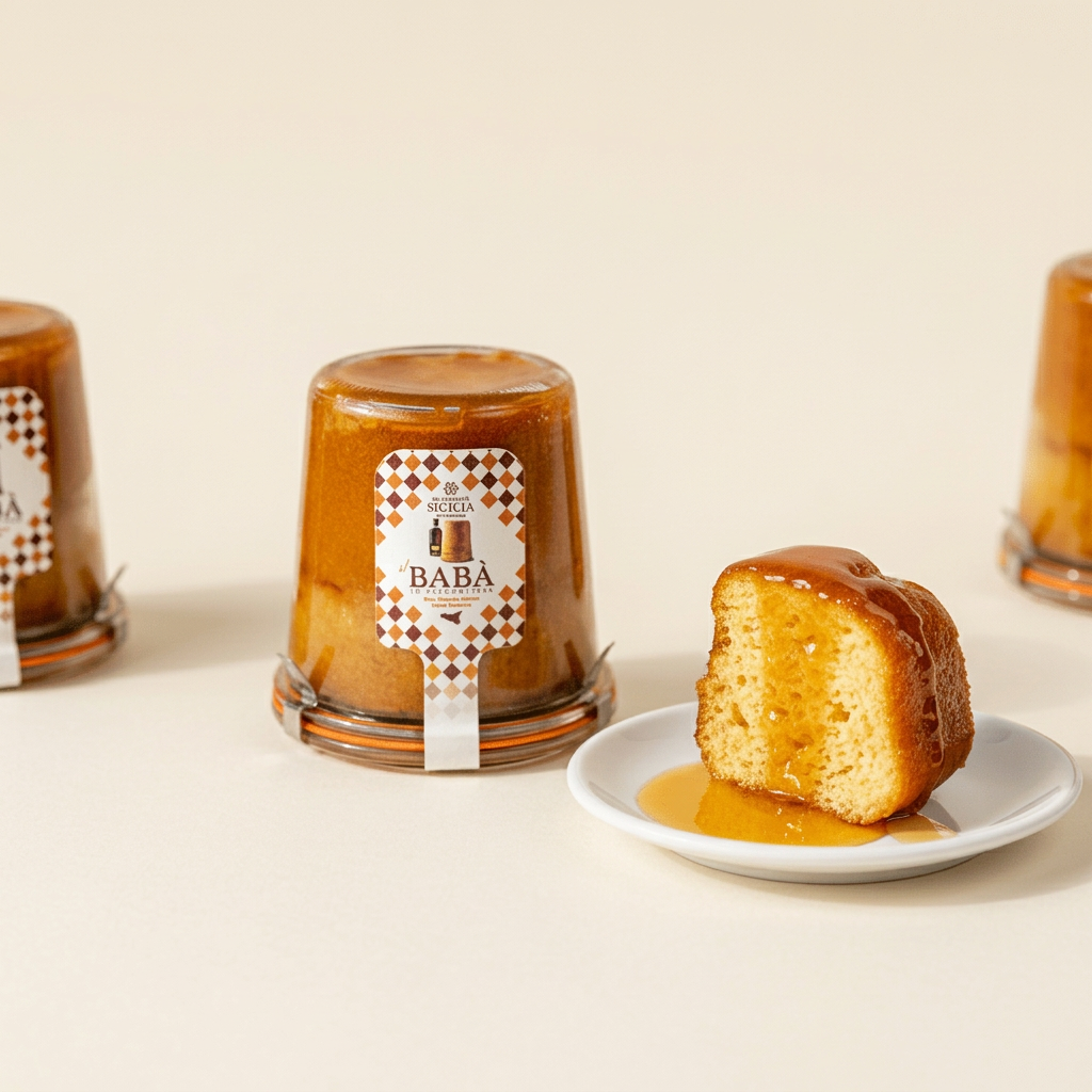 Babà Rum Zacapa, dolce e vasetto su fondo crema