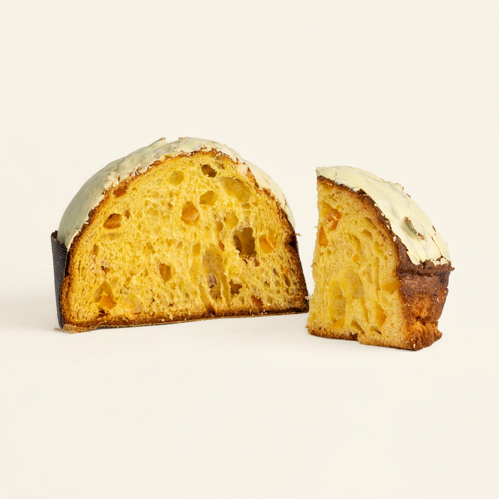 Panettone tagliato su fondo avorio