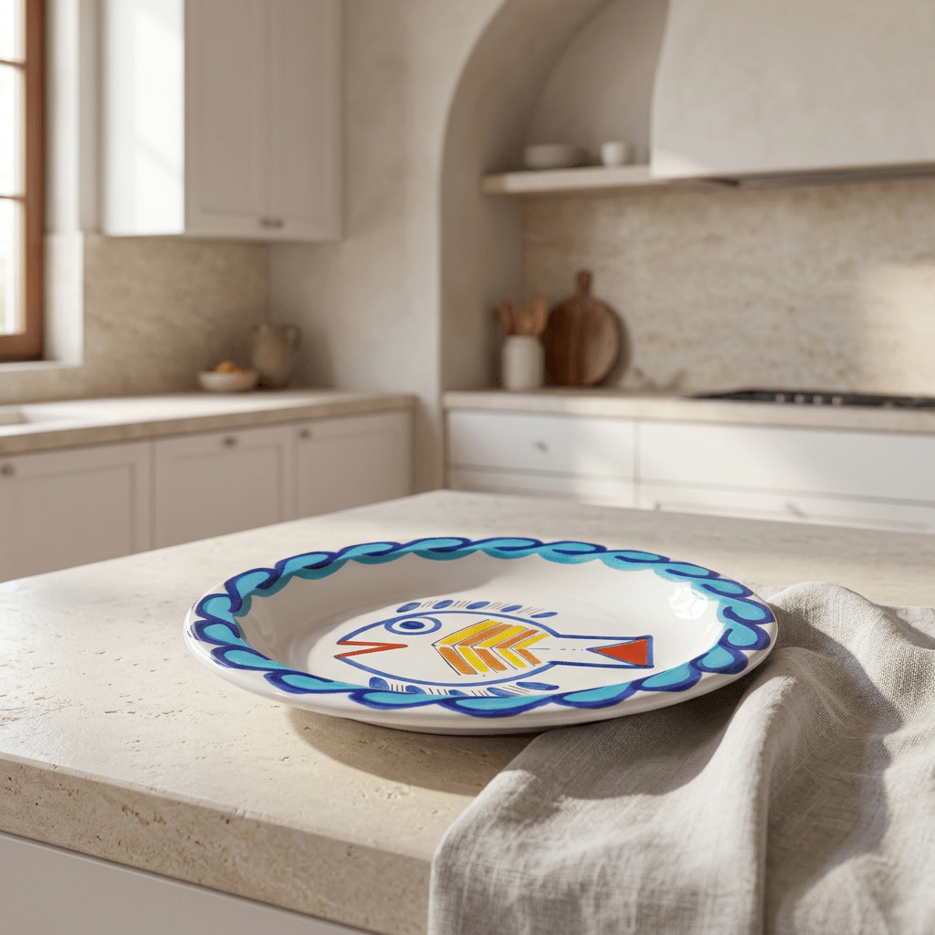 Piatto Levante in una cucina siciliana contemporanea bianca e pietra chiara