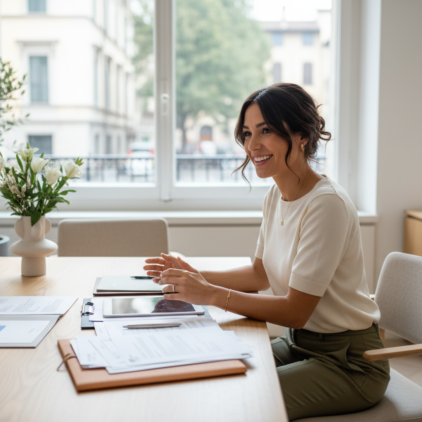ragazza informale ma elegante del servizio clienti davanti ad un tavolo con dei documenti
