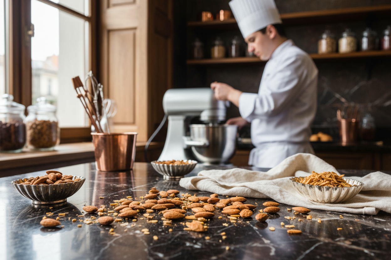 scatto realistico di mandorle su un tavolo elegante in un laboratorio di pasticceria, dettagliato, pasticcere con divisa e cappello sfocato sullo sfondo