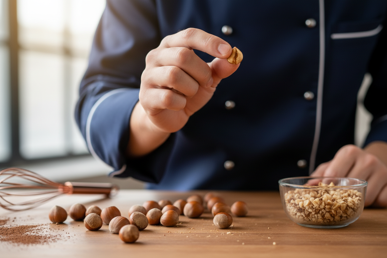 scatto realistico ravvicinato della mano di una pasticcera ben vestita che assaggia una nocciola buonissima
