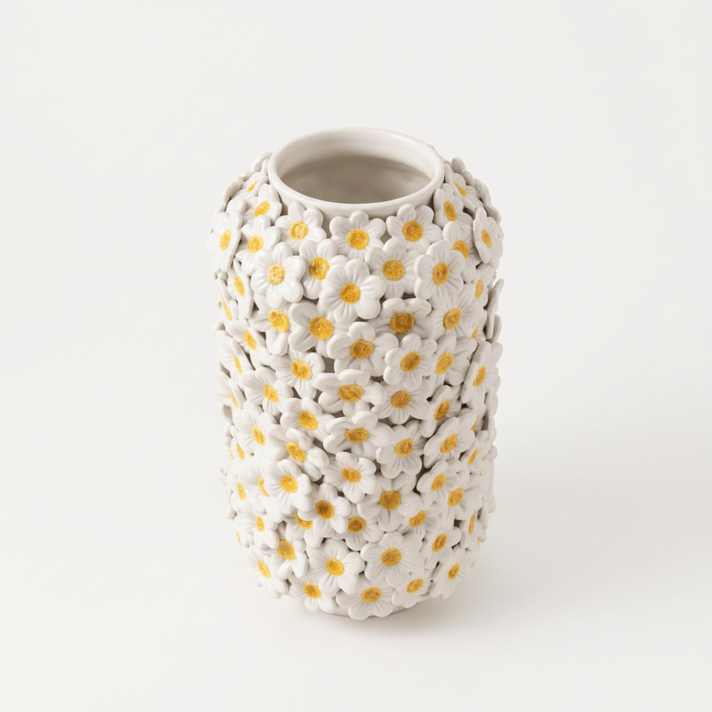 Vaso Cilindro Margherite Bianco lucido, 2 vista rialzata