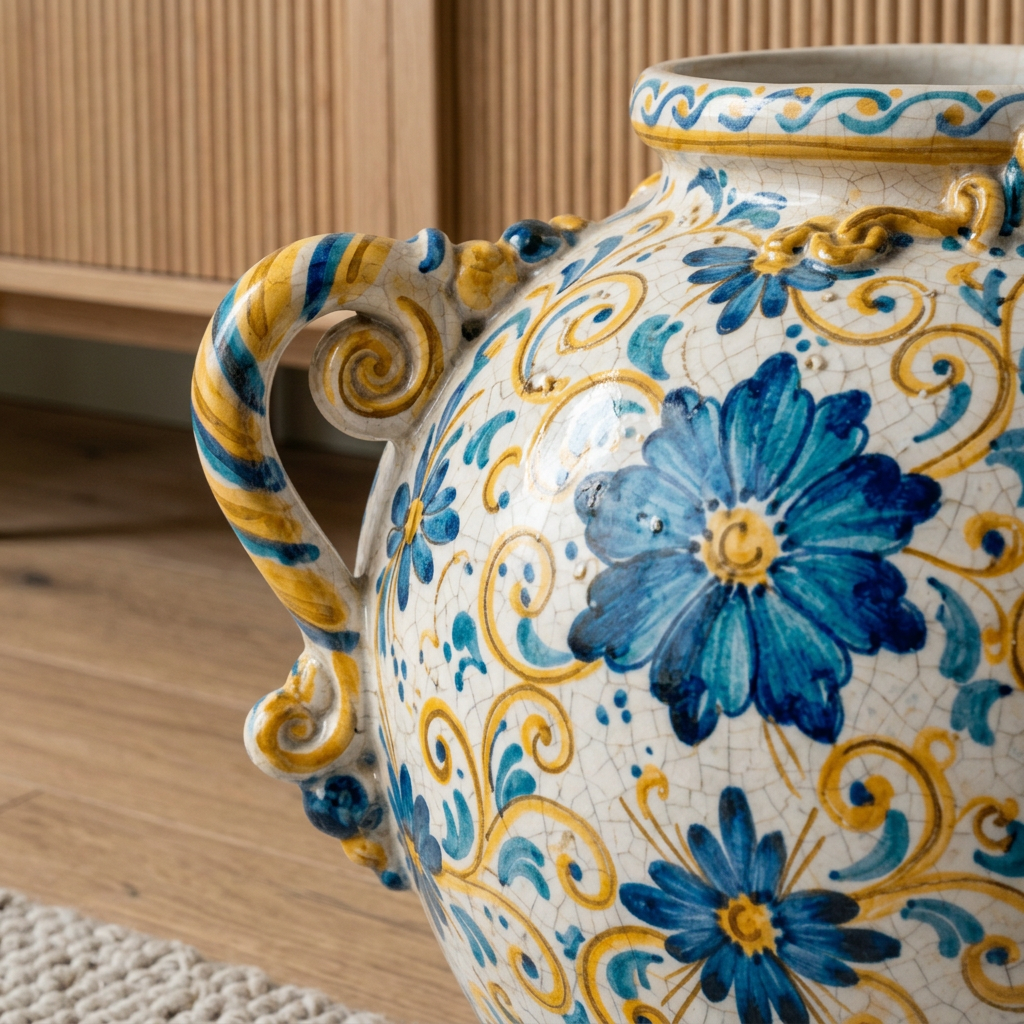 Vaso palla, dettaglio del manico e del decoro
